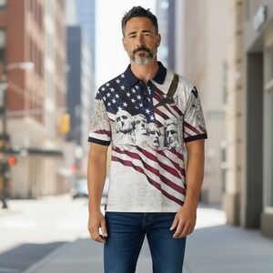 Vintage 90s American Summer Mens XL Polo Mount Rushmore Eagle Flag Patriotic AOP